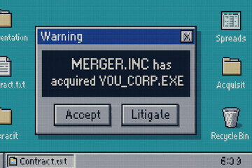 Merger Warning on PC: A vintage computer screen displays a stark warning message about a corporate merger, highlighting business implications.