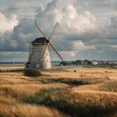 Windmill Surrounded by Golden Field Under Dramatic Cloudy Sky