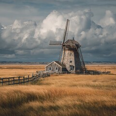 Scenic countryside landscape with traditional windmill and dramatic clouds