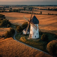 Aerial View of Rustic Windmill Surrounded by Golden Fields at Sunset