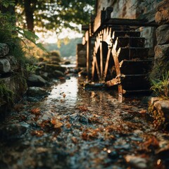 Vintage Water Wheel by Stream in Tranquil Nature Setting at Sunrise