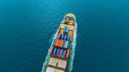 Aerial view of the freight shipping transport system cargo ship container. international...