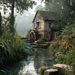 Serene Watermill in Misty Forest Setting with Lush Vegetation