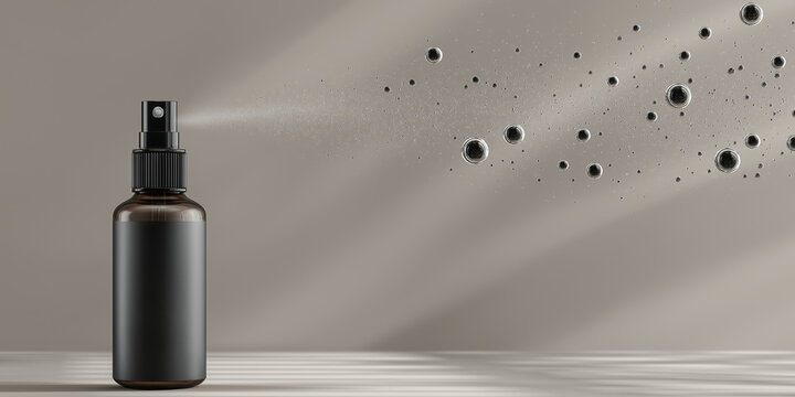 Sleek facial mist spray bottle releases fine mist, creating refreshing and soothing atmosphere. minimalist design and neutral background emphasize product elegance