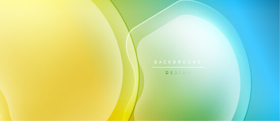 Abstract background features flowing yellow, green, blue shapes. Smooth gradients create dynamic visual effect. Modern design element.