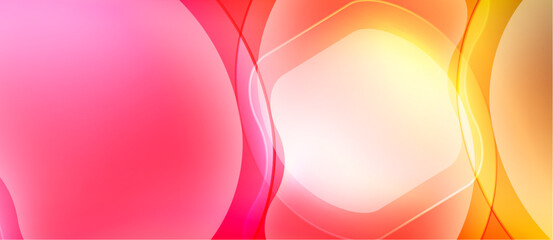 Abstract vibrant shapes blend, creating warm color gradients. Smooth curves suggest light, energy, motion. Pink, orange, yellow dominate composition.