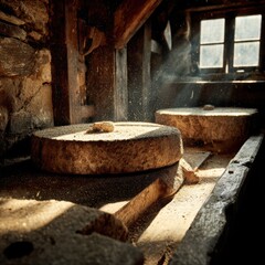 Rustic Stone Millstones in Historic Workshop with Dust Rays