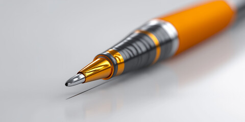 Close up of sleek orange and silver pen resting diagonally on smooth surface, showcasing its metallic tip and modern design. pen vibrant color contrasts with neutral background