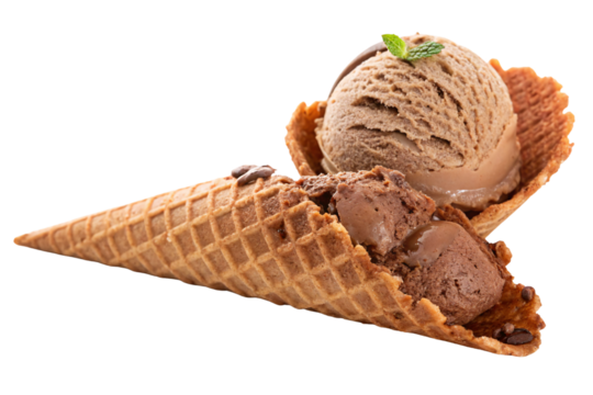 Chocolate ice cream cone tipped over with scoops spilling out of waffle cone, isolated on a transparent background