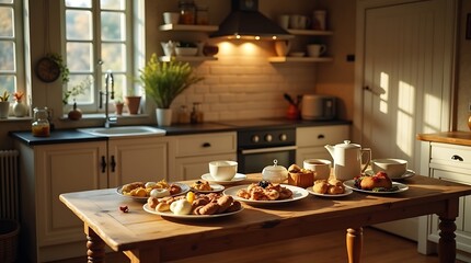 Cozy morning kitchen scene with abundant pastries and warm sunlight streaming through the window.