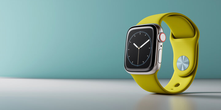 Modern smartwatch with yellow band is displayed against minimalist blue background, showcasing its sleek design and digital clock face