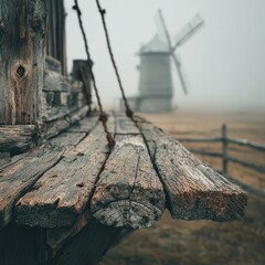 Foggy Landscape with Old Windmill and Wooden Structure in Focus