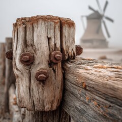Rustic Wooden Post with Rusty Bolts Near Historic Windmill