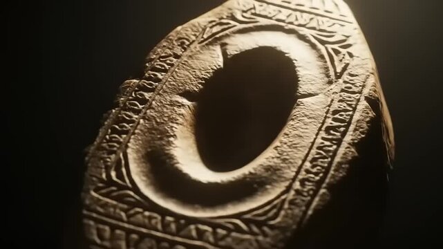 Ancient carved stone artifact illuminated dramatically in a dark environment showcasing intricate designs