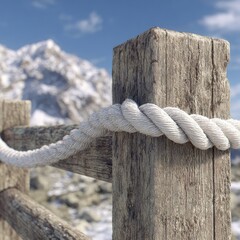 Rustic rope fence against snowy peaks