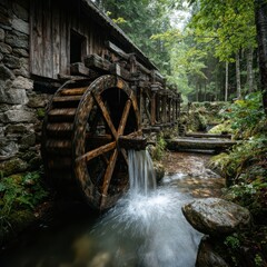 Historic Water Mill Surrounded by Lush Green Forest Landscape