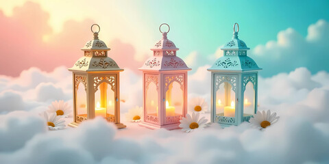Three ornate lanterns in gold, pink, and blue are nestled amongst soft, fluffy clouds. Each lantern glows with a warm, flickering candle
