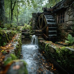 Tranquil Watermill Surrounded by Lush Greenery and Forest Paths