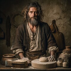 Artisan Baker Working with Dough in Rustic Kitchen Environment