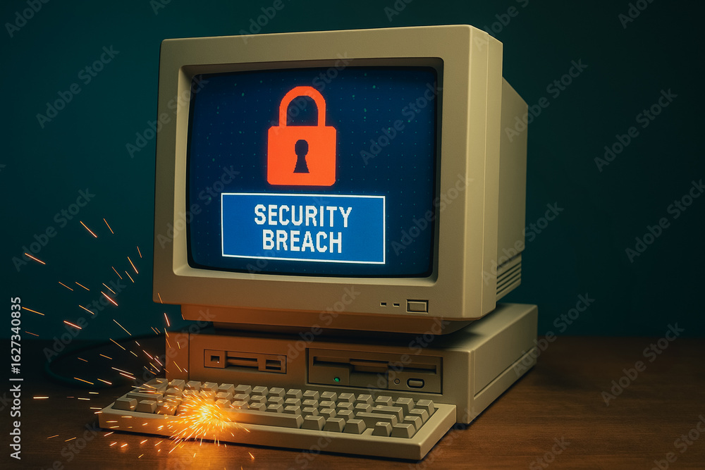 Aufkleber cyber security breach: an obsolete computer with a 'security breach' warning and a lock symbol epito