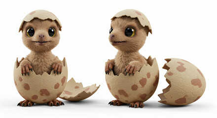 Adorable Furry Baby Dinosaur Hatching from Speckled Egg – Front, Side, and Back View of Fluffy Brown Dino Chick with Big Yellow Eyes and Gentle Smile