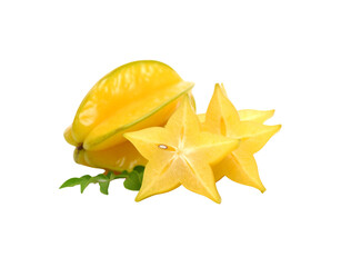 Fototapeta premium Ripe yellow carambola fruit whole and sliced into perfect stars with green leaves.