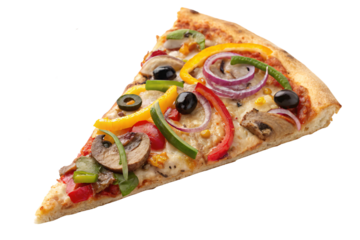 Fresh vegetable pizza slice topped with colorful bell peppers, black olives, mushrooms, and purple onions on crust, isolated on a transparent background
