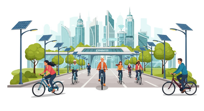 Sustainable Urban Life: People Biking in a Modern Green City with Solar Streetlights and Eco-Friendly Buildings