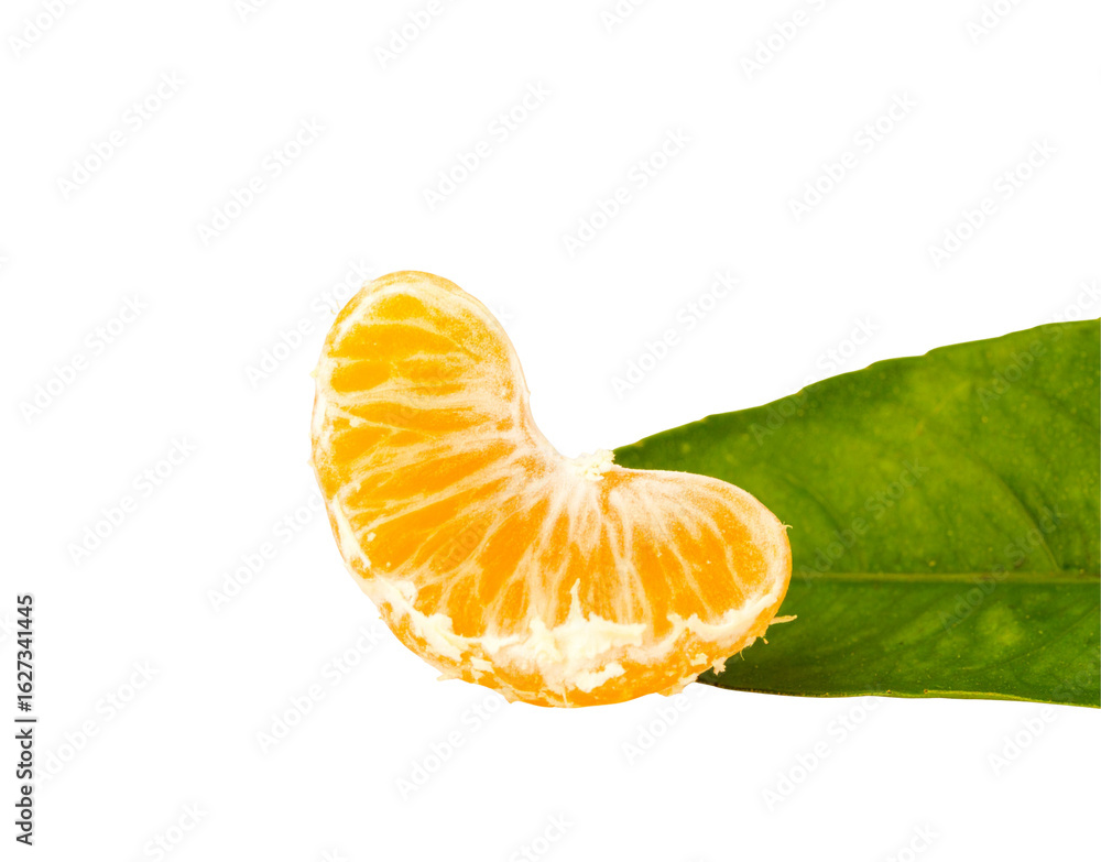Poster single peeled tangerine segment with fibrous pith resting on a fresh green leaf.