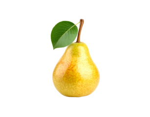 Ripe yellow pear with a red blush brown speckles a stem and a single green leaf.