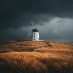Scenic Windmill under Dramatic Sky with Golden Grasslands