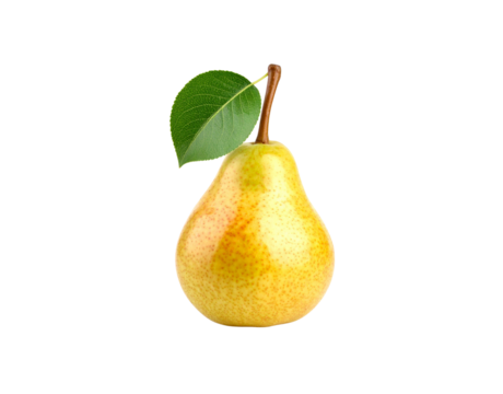 Ripe yellow pear with a red blush brown speckles a stem and a single green leaf.