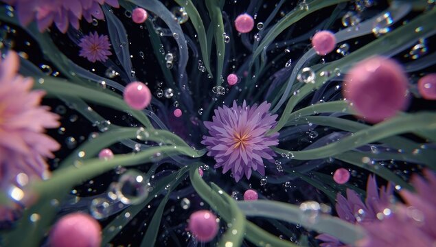 Pink flowers, bubbles, and flowing tendrils in a swirling vortex