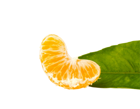 Single peeled tangerine segment with fibrous pith resting on a fresh green leaf.