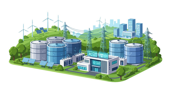 Integrated Green Energy Infrastructure: Industrial Tanks, Solar Panels, and Wind Turbines in Urban Landscape