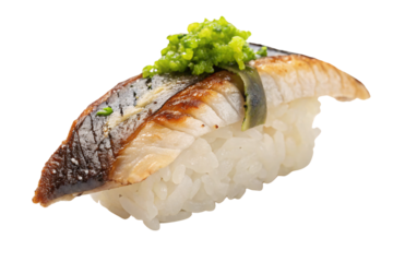 Flame-seared fish nigiri sushi topped with bright green sea grapes over white seasoned rice, isolated on a transparent background