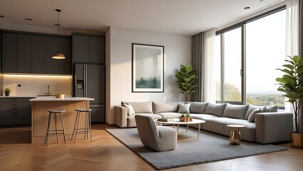 Modern living room with open kitchen, large windows, and scenic nature view, perfect for lifestyle content.