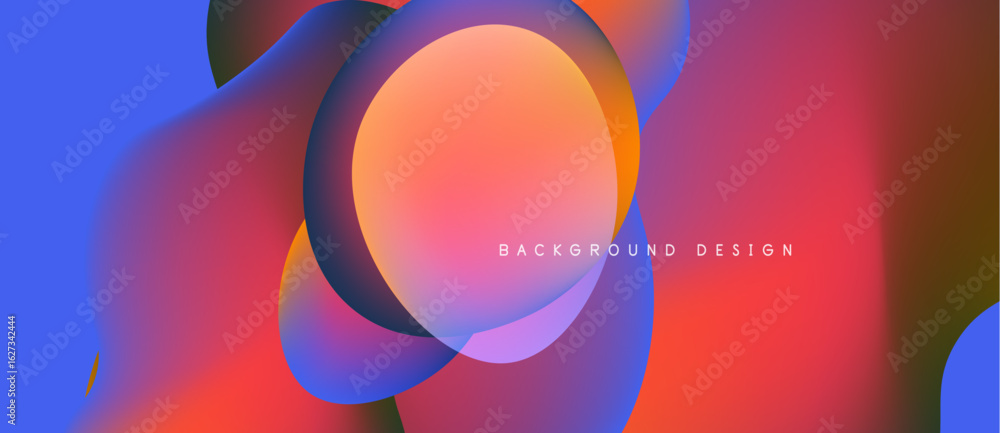 Poster abstract fluid shapes blend vibrant colors. orange, blue, red gradients create dynamic composition. 