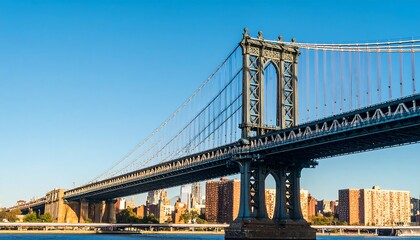 Obraz premium A majestic suspension bridge spans a body of water, leading to a cityscape