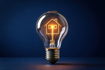 Illuminating Home Concept A Light Bulb with a House Filament Against a Deep Blue Backdrop A Symbol of Bright Ideas