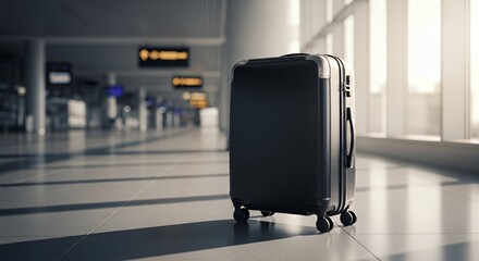 Black Suitcase Standing in Airport Terminal with Natural Light and Modern Design