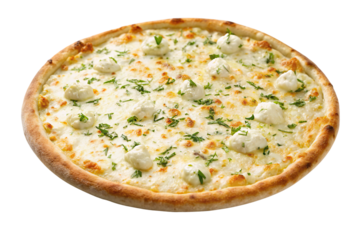 Goat cheese pizza with ricotta, herbs, and white sauce on golden brown crust, isolated on a transparent background