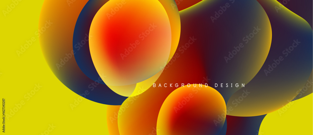 Poster abstract vibrant shapes overlap, creating dynamic colorful composition. yellow background enhances v