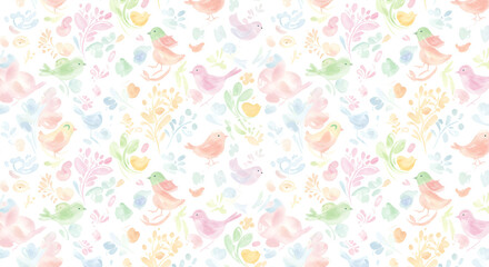 Delicate watercolor pattern with birds and floral elements in pastel shades