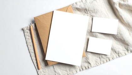 Elegant branding mockup with blank stationery set. White invitation card, business cards, and envelope on a linen background.