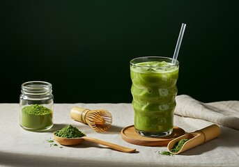 Refreshingly vibrant iced matcha drink showcasing rich green hues, surrounded by authentic tools for a cozy, health-focused lifestyle.