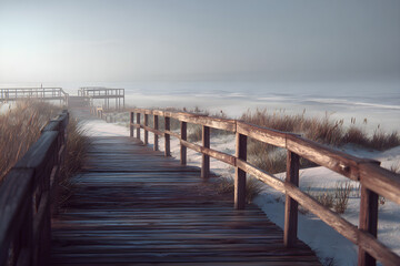 Sunlit Pathway: Stroll Along a Charming Beachside Boardwalk - An Idyllic Retreat with Serene Ocean Views, Golden Sands, and Leisurely Adventures Await