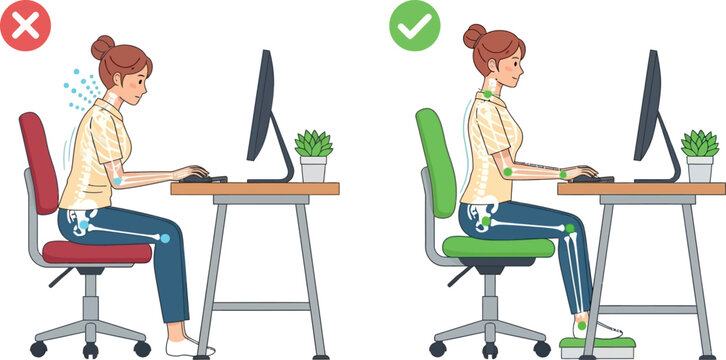 Correct vs incorrect sitting posture at a desk for healthy ergonomics and spine alignment