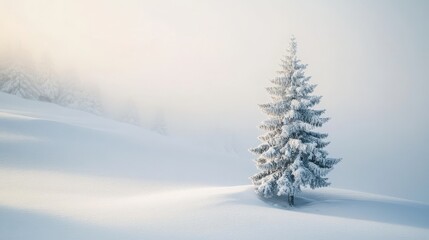 Obraz premium Peaceful Minimalist Snowy Landscape with Single Pine Tree
