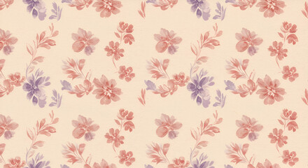 Elegant Floral Watercolor Pattern with Peach and Purple Hues, Delicate Design